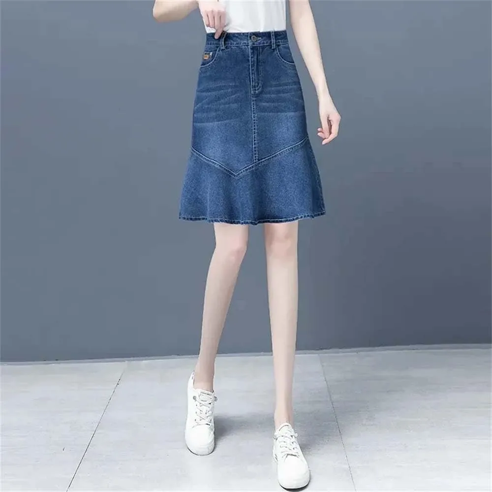 Adhdyuud Women Denim Skirt Summer High-Waisted Ruffle A-Line HIPS Fishtail Mini Jeans Skirts