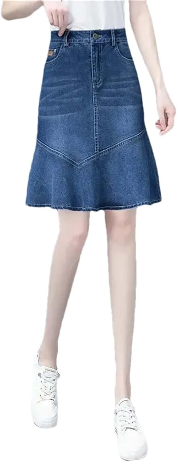 Adhdyuud Women Denim Skirt Summer High-Waisted Ruffle A-Line HIPS Fishtail Mini Jeans Skirts