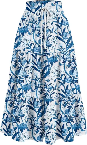 ADHOWBEW Boho Skirts for Women Cute Casual A Line Trendy High Waisted Flowy Midi Length Plus Size Ruffle Beach Spring Skirts