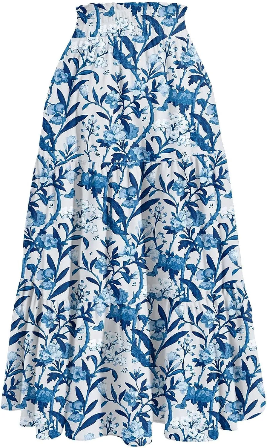 ADHOWBEW Boho Skirts for Women Cute Casual A Line Trendy High Waisted Flowy Midi Length Plus Size Ruffle Beach Spring Skirts