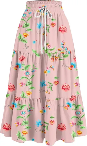 ADHOWBEW Boho Skirts for Women Cute Casual A Line Trendy High Waisted Flowy Midi Length Plus Size Ruffle Beach Spring Skirts