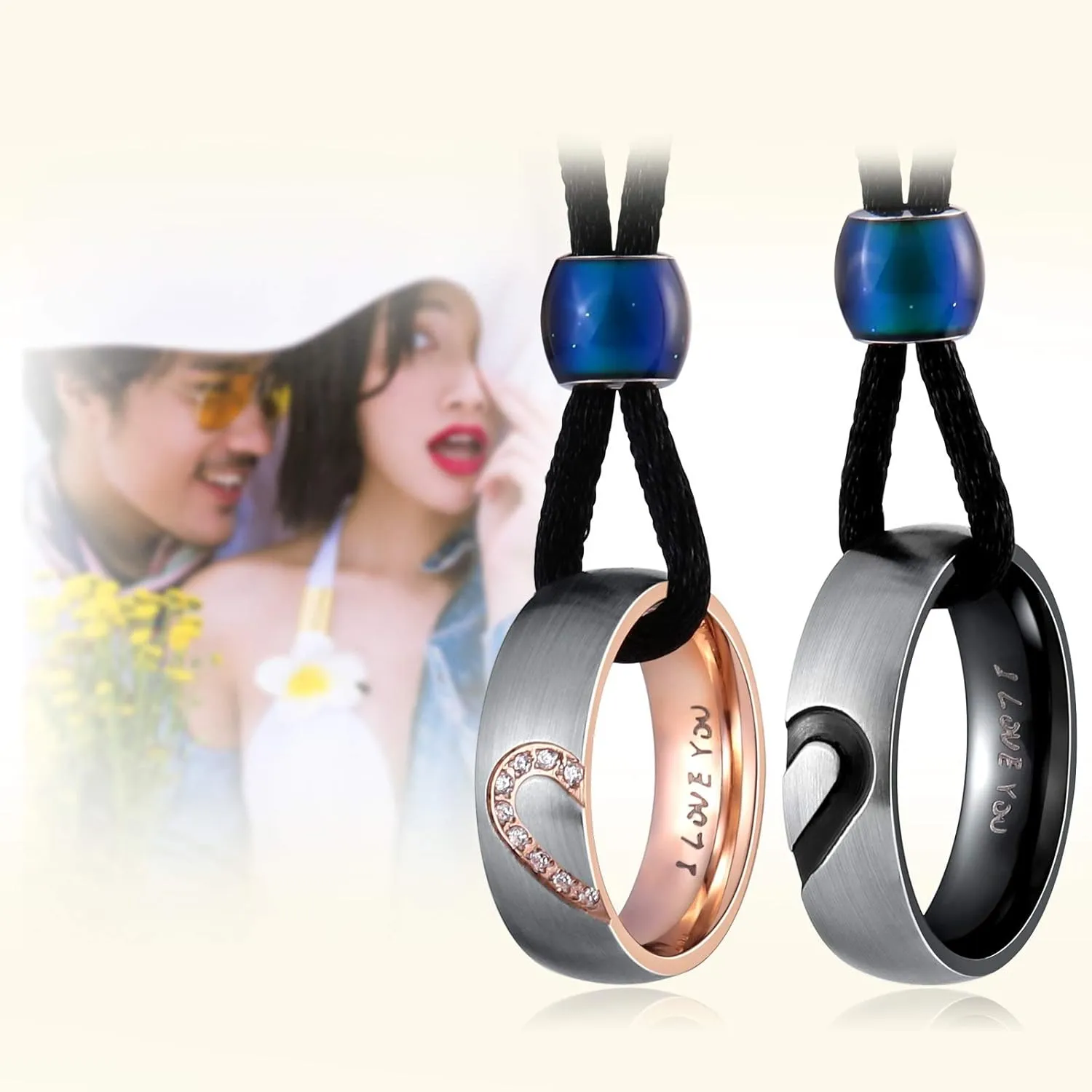 Aienid Matching Necklace, Stainless Steel Necklaces 2Pcs Couple Ring Heart Pendant Necklaces for Promise