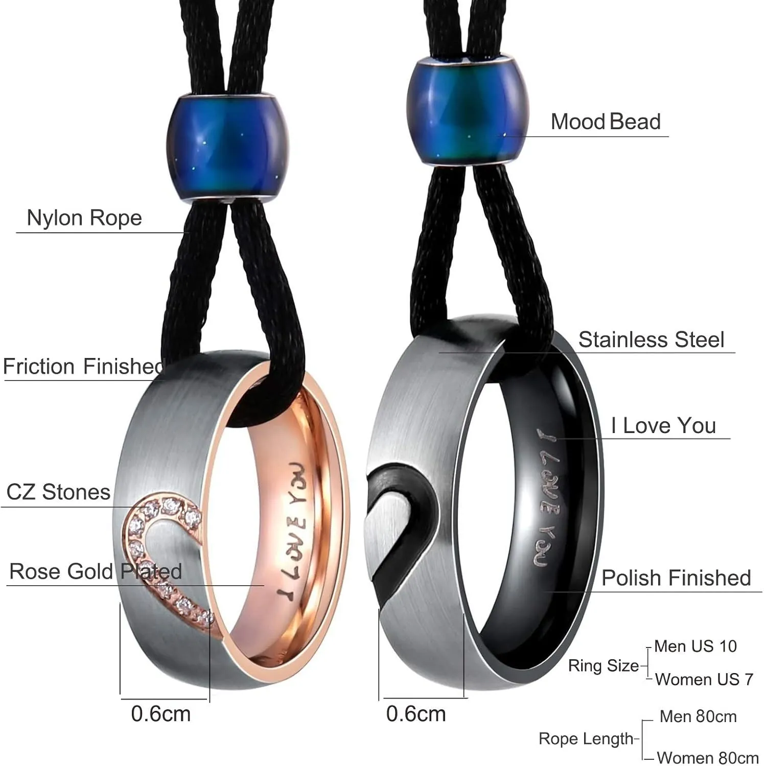 Aienid Matching Necklace, Stainless Steel Necklaces 2Pcs Couple Ring Heart Pendant Necklaces for Promise