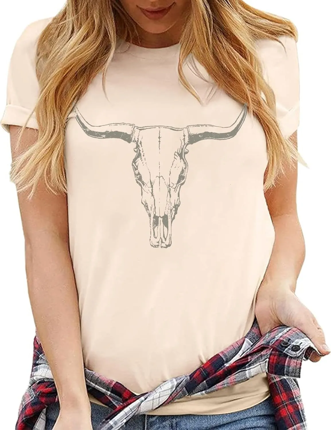 Arssm Women Cow Printed Graphic Tees Cowgirl T Shirts Vintage Western Short Sleeve Bull Skull Casual Top
