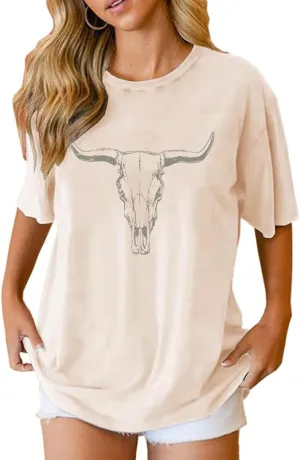 Arssm Women Cow Printed Graphic Tees Cowgirl T Shirts Vintage Western Short Sleeve Bull Skull Casual Top