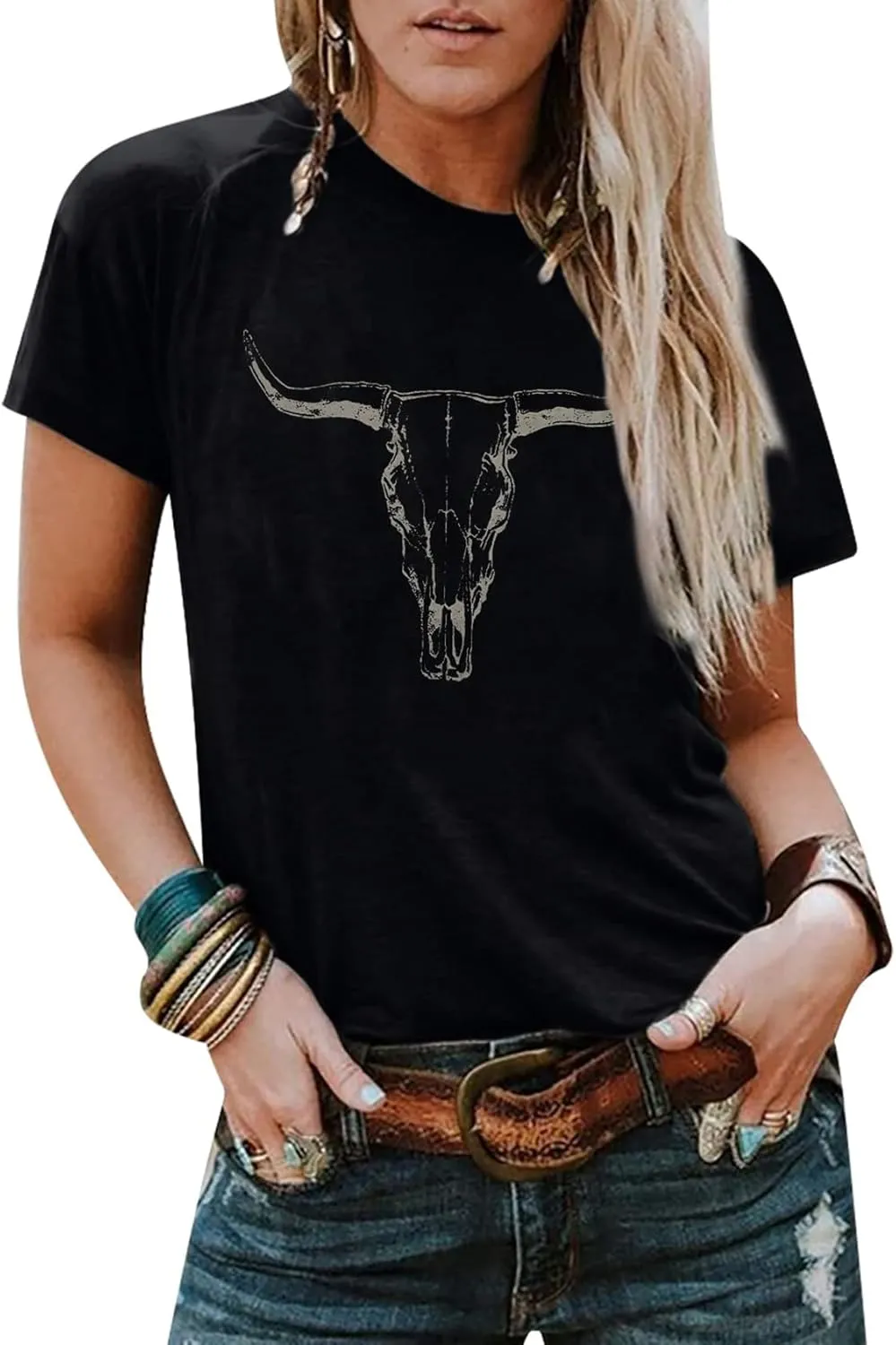 Arssm Women Cow Printed Graphic Tees Cowgirl T Shirts Vintage Western Short Sleeve Bull Skull Casual Top
