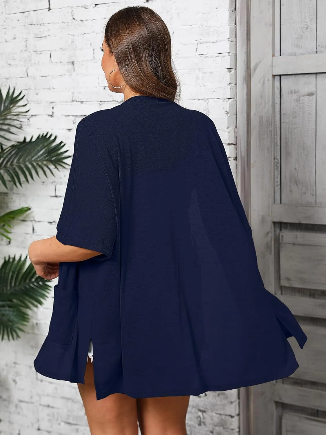 AusLook Plus Size Women's Knit Short Sleeve Lightweight Open Front Cardigans Shrugs Shawls and Wraps Jacket Coat with Pockets