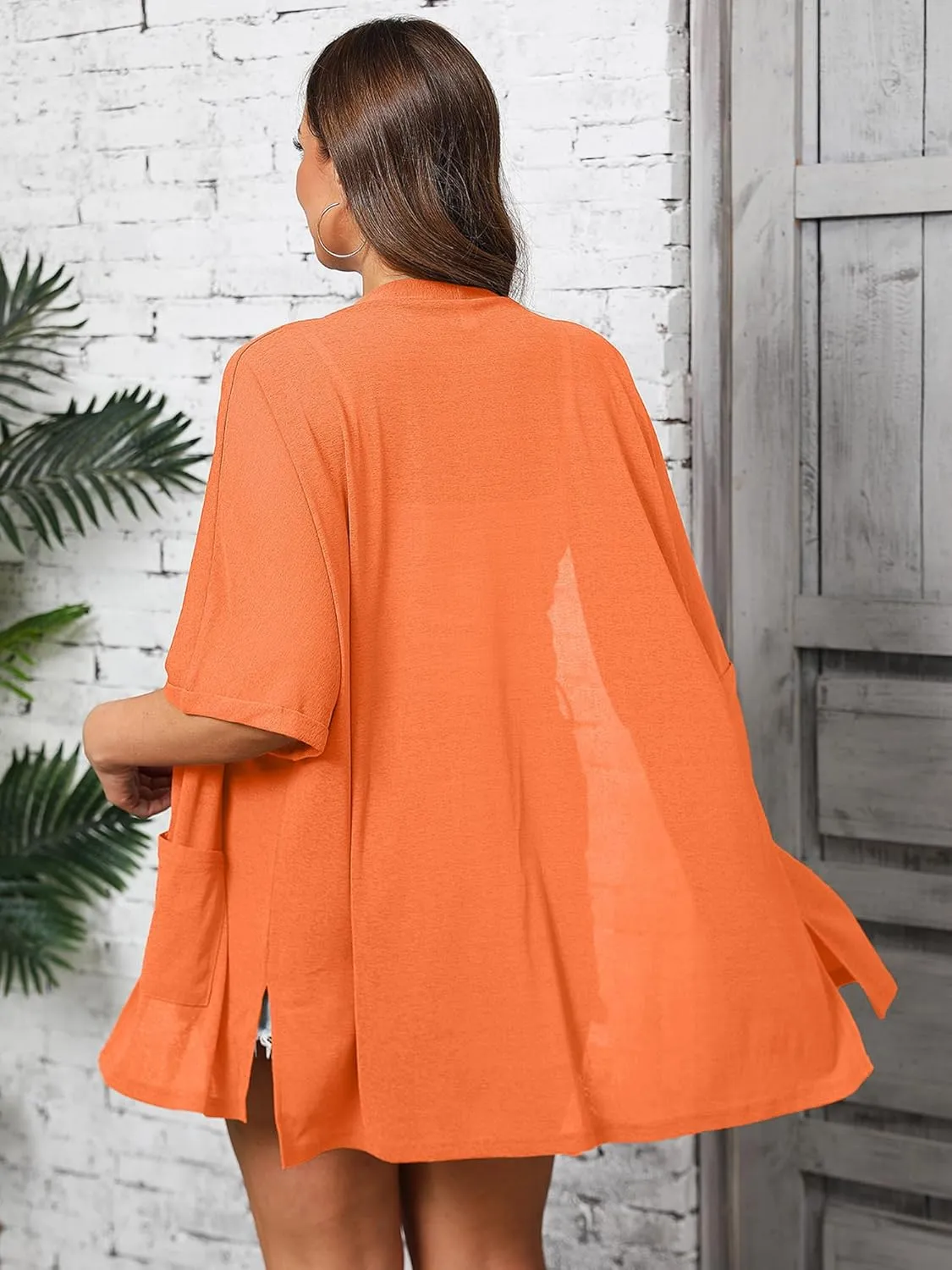 AusLook Plus Size Women's Knit Short Sleeve Lightweight Open Front Cardigans Shrugs Shawls and Wraps Jacket Coat with Pockets
