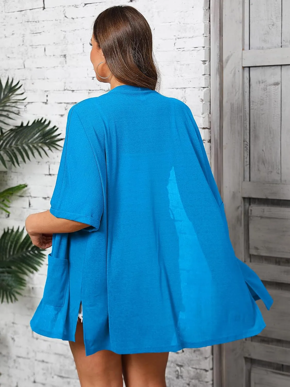 AusLook Plus Size Women's Knit Short Sleeve Lightweight Open Front Cardigans Shrugs Shawls and Wraps Jacket Coat with Pockets