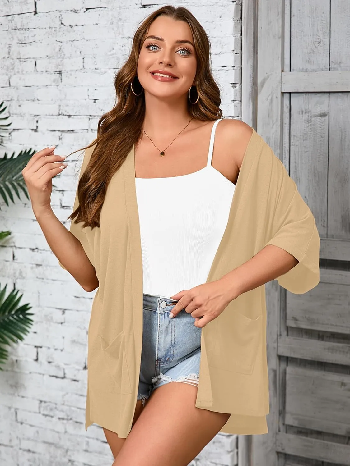AusLook Plus Size Women's Knit Short Sleeve Lightweight Open Front Cardigans Shrugs Shawls and Wraps Jacket Coat with Pockets