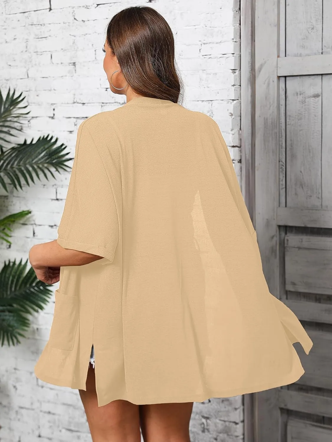 AusLook Plus Size Women's Knit Short Sleeve Lightweight Open Front Cardigans Shrugs Shawls and Wraps Jacket Coat with Pockets