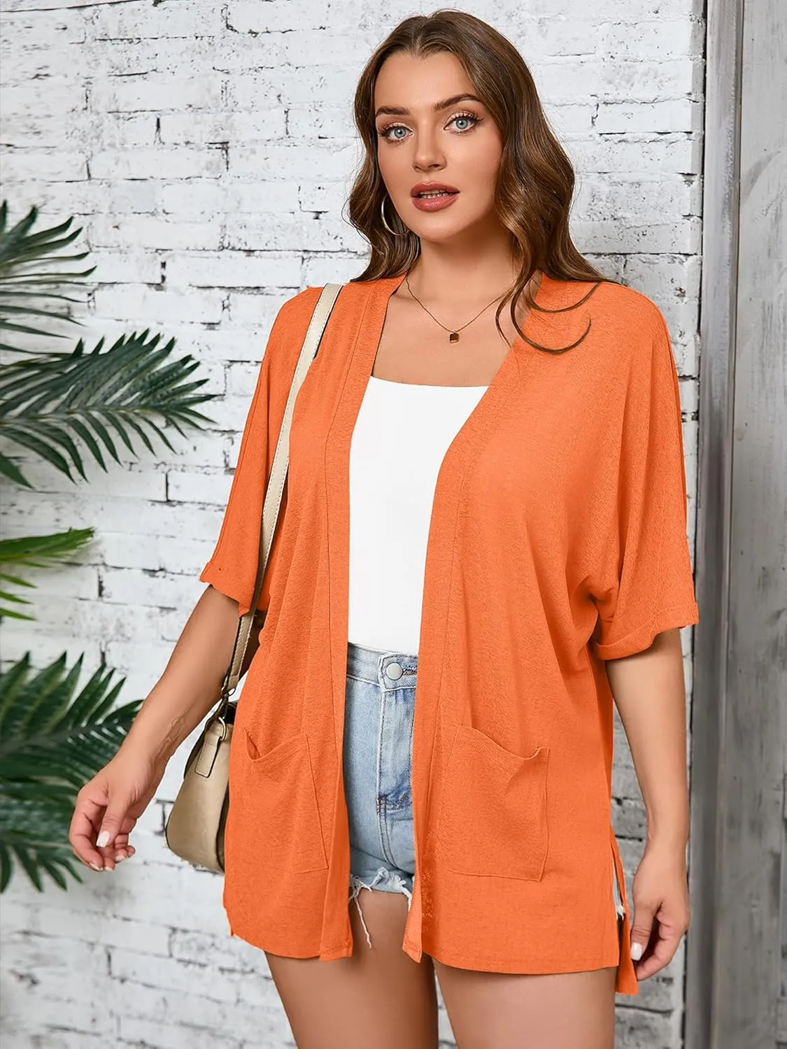 AusLook Plus Size Women's Knit Short Sleeve Lightweight Open Front Cardigans Shrugs Shawls and Wraps Jacket Coat with Pockets