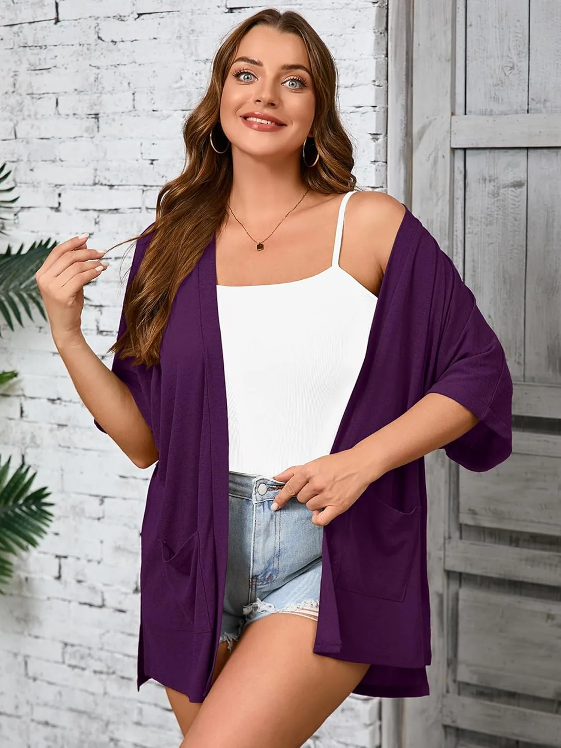 AusLook Plus Size Women's Knit Short Sleeve Lightweight Open Front Cardigans Shrugs Shawls and Wraps Jacket Coat with Pockets