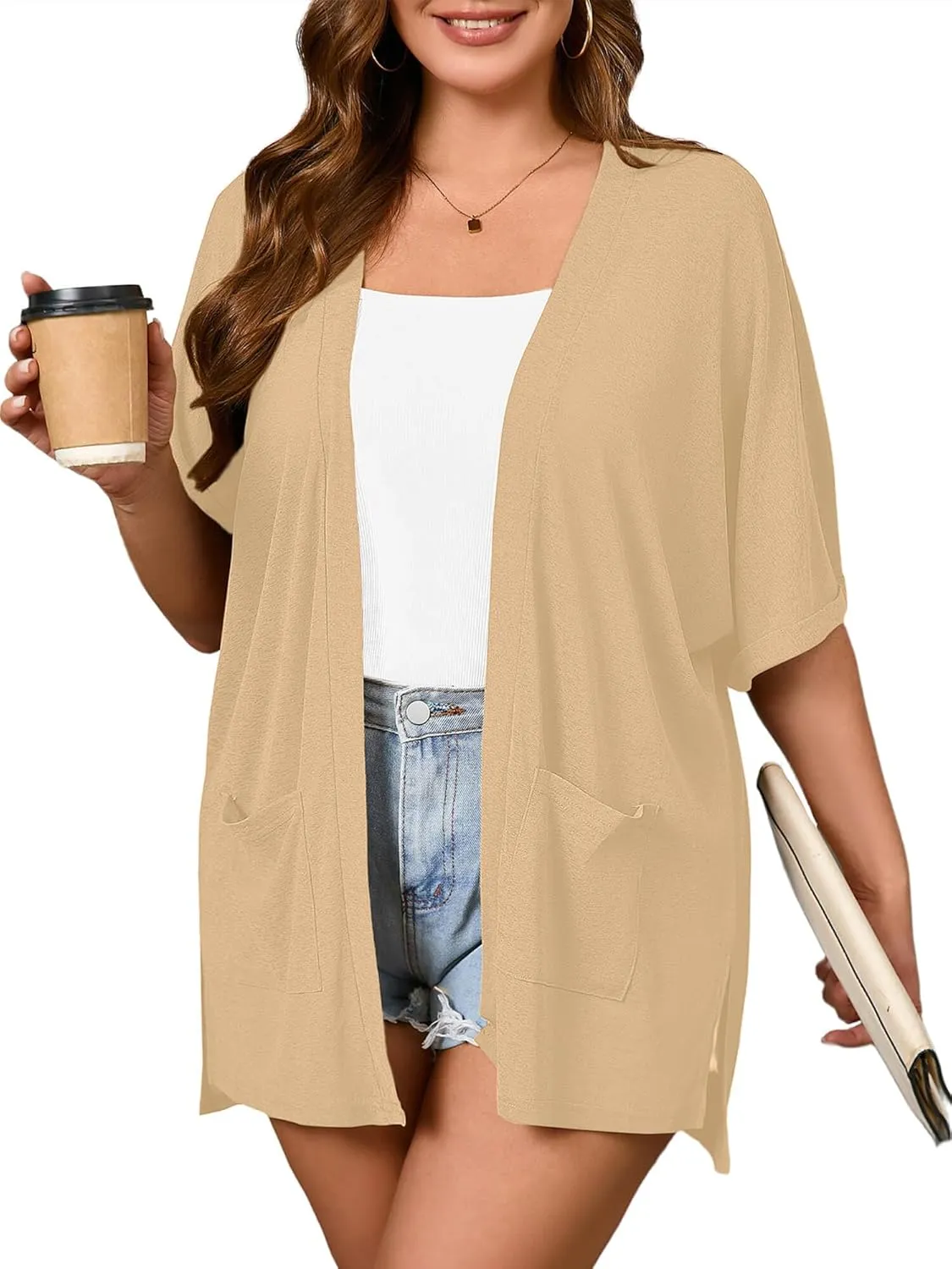 AusLook Plus Size Women's Knit Short Sleeve Lightweight Open Front Cardigans Shrugs Shawls and Wraps Jacket Coat with Pockets