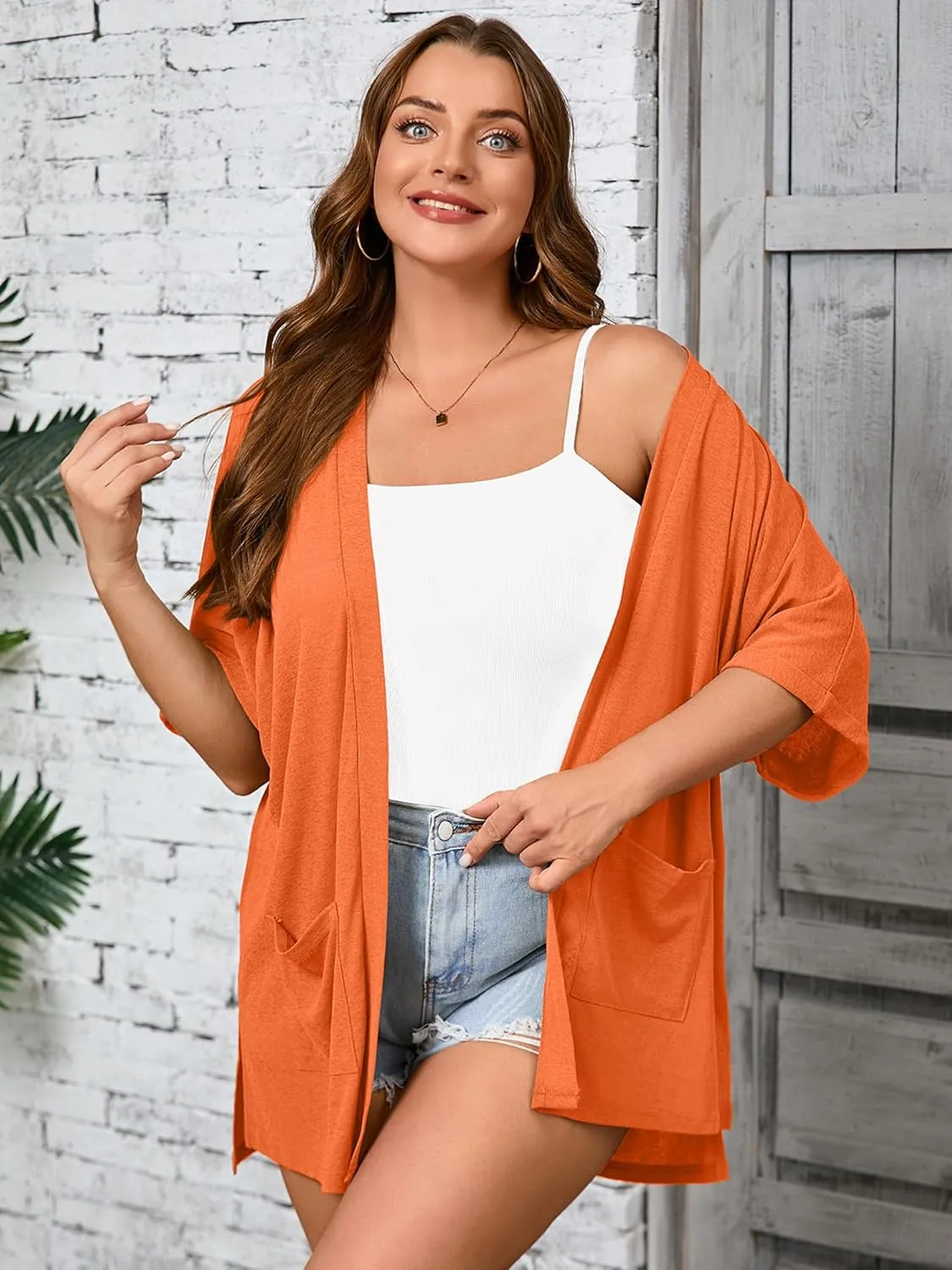 AusLook Plus Size Women's Knit Short Sleeve Lightweight Open Front Cardigans Shrugs Shawls and Wraps Jacket Coat with Pockets