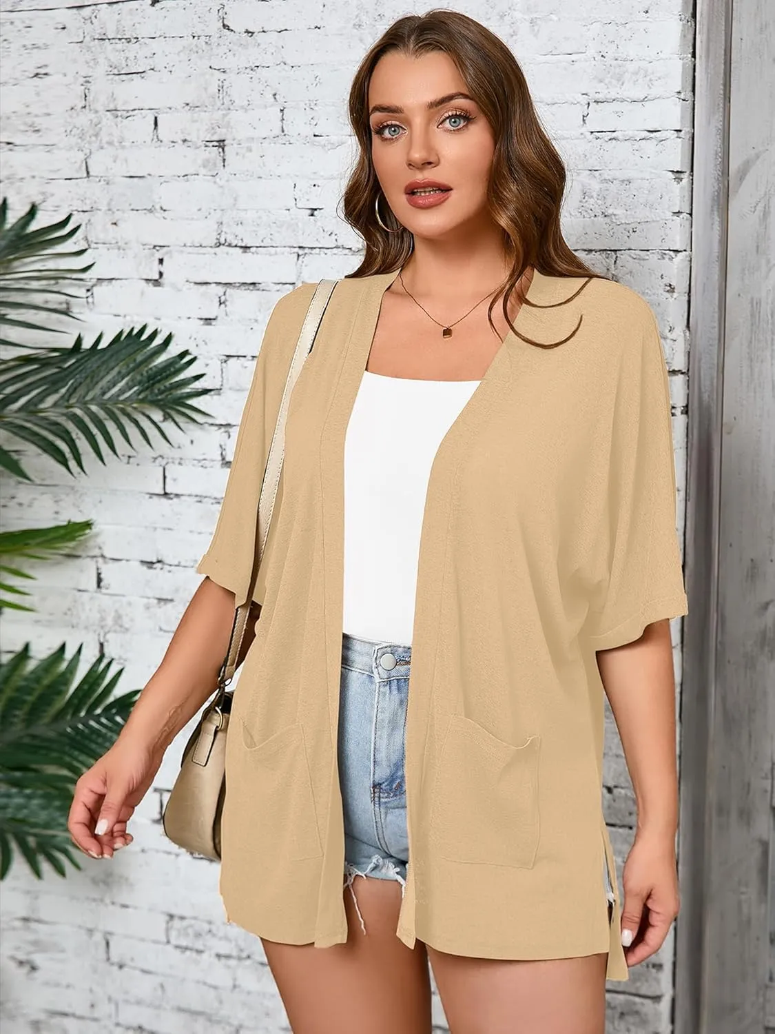 AusLook Plus Size Women's Knit Short Sleeve Lightweight Open Front Cardigans Shrugs Shawls and Wraps Jacket Coat with Pockets