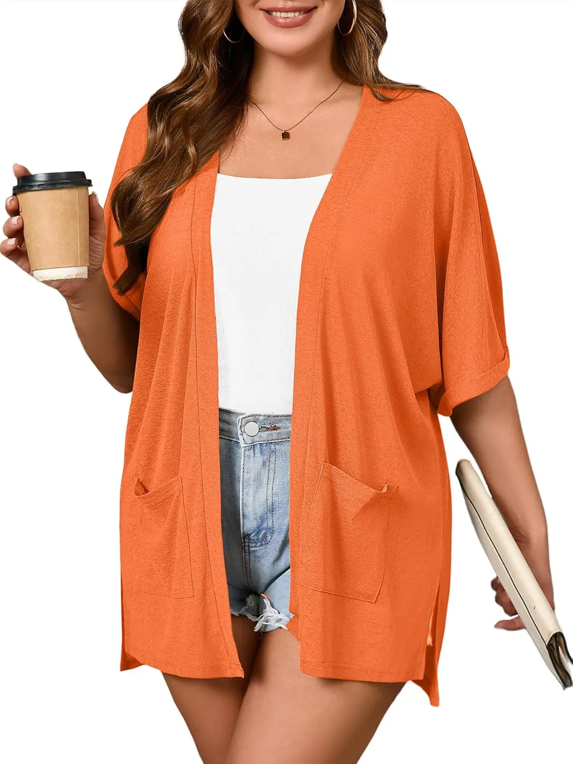 AusLook Plus Size Women's Knit Short Sleeve Lightweight Open Front Cardigans Shrugs Shawls and Wraps Jacket Coat with Pockets