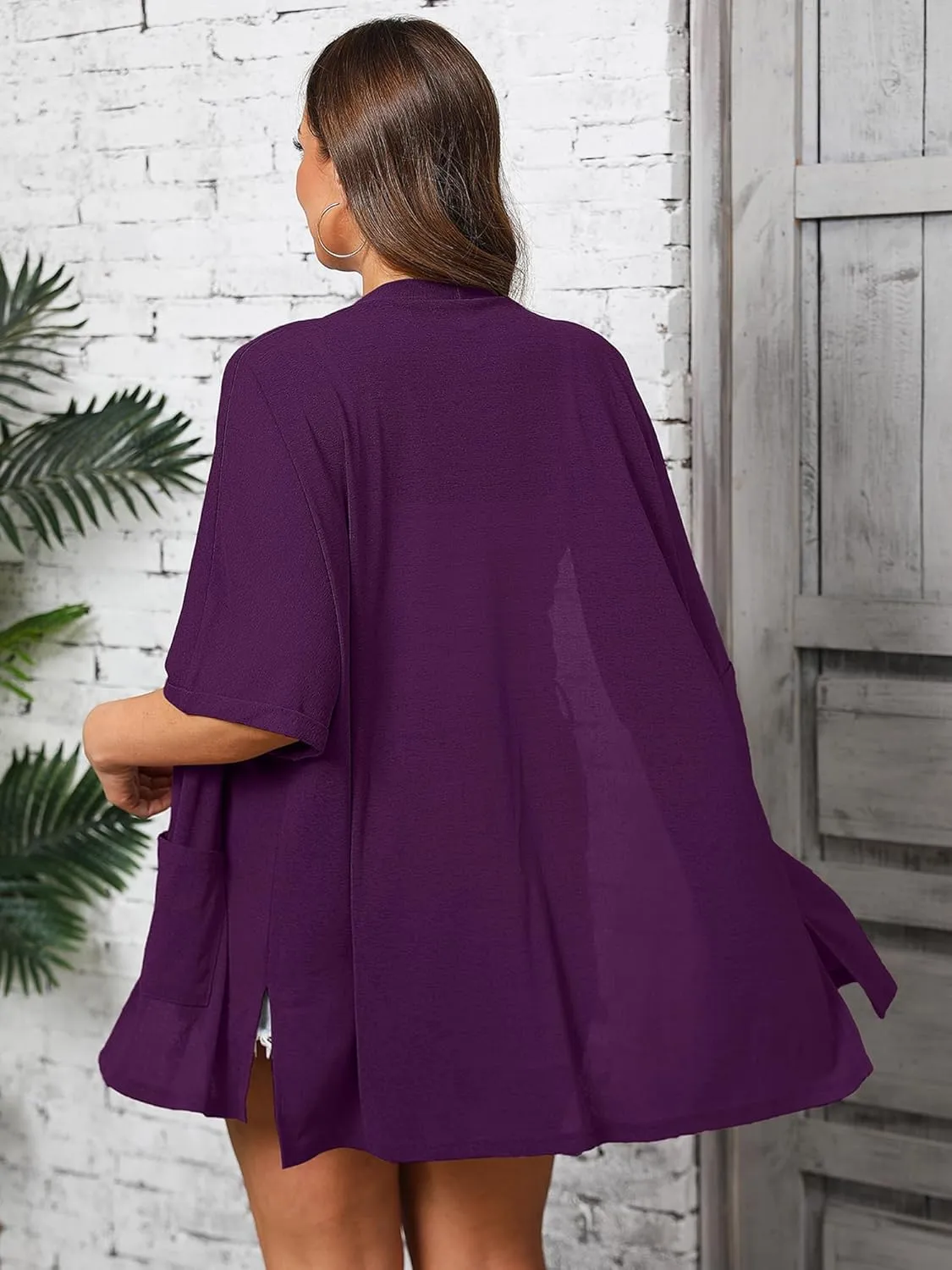 AusLook Plus Size Women's Knit Short Sleeve Lightweight Open Front Cardigans Shrugs Shawls and Wraps Jacket Coat with Pockets