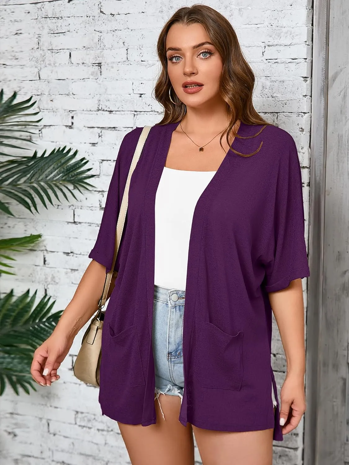 AusLook Plus Size Women's Knit Short Sleeve Lightweight Open Front Cardigans Shrugs Shawls and Wraps Jacket Coat with Pockets