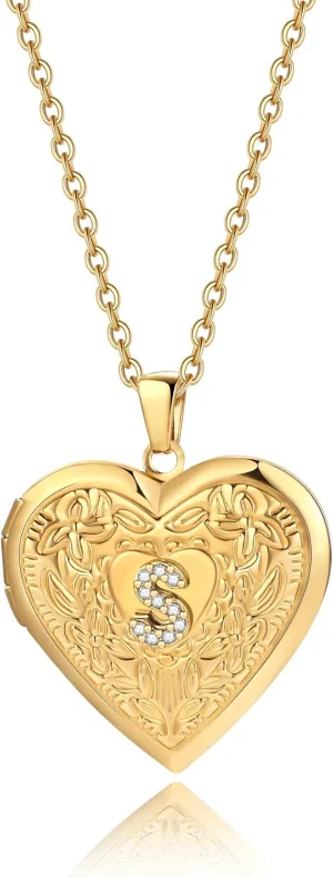 Badu Gold Initial A-Z Necklace for Women Heart Photo Lockets that Hold Picture Love Image Cubic Zirconia Necklace