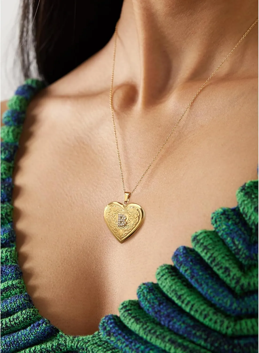 Badu Gold Initial A-Z Necklace for Women Heart Photo Lockets that Hold Picture Love Image Cubic Zirconia Necklace