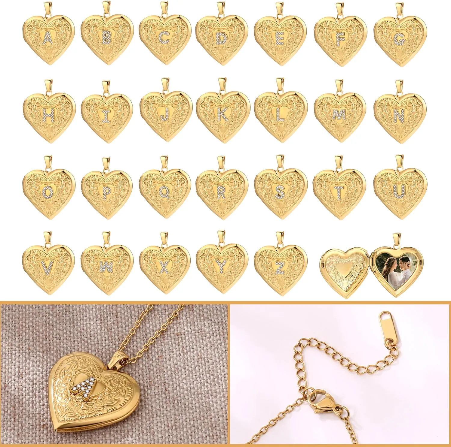 Badu Gold Initial A-Z Necklace for Women Heart Photo Lockets that Hold Picture Love Image Cubic Zirconia Necklace