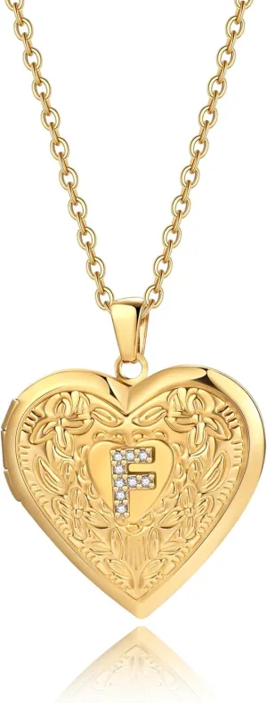 Badu Gold Initial A-Z Necklace for Women Heart Photo Lockets that Hold Picture Love Image Cubic Zirconia Necklace