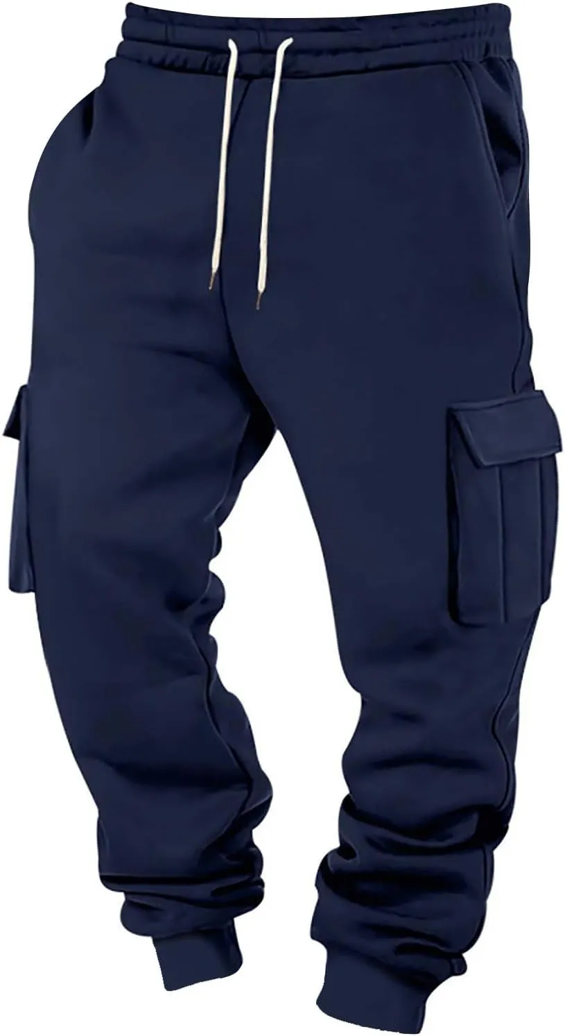 Baggy Cargo Sweatpants for Men Casual Drawstring Waist Fleece Joggers with Multi Pockets Mencomfy Track Pants