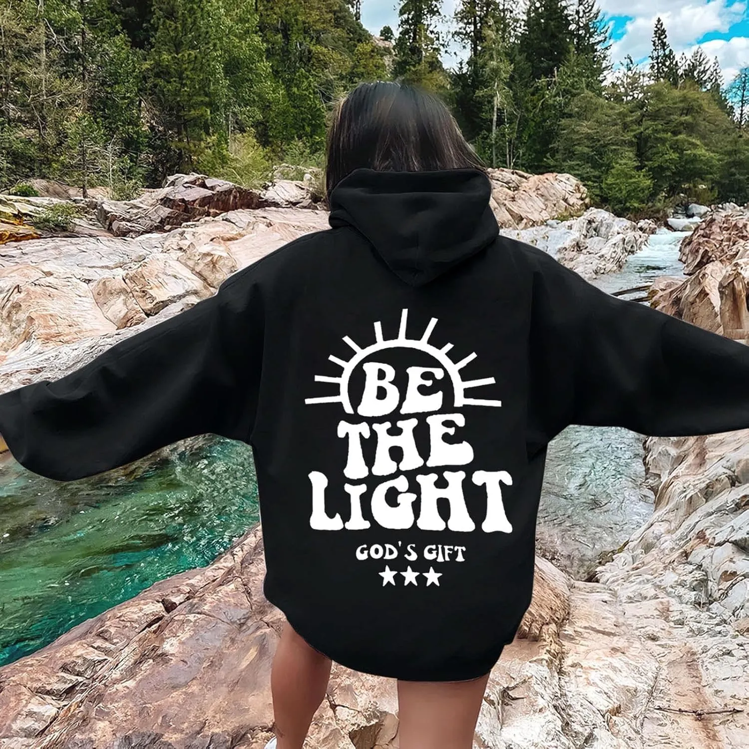 Be The Light Sweatshirt For Women Long Sleeve Drop Shoulder Casual Sweatshirts Drawstring Pockets Comfort Trendy Hoodie