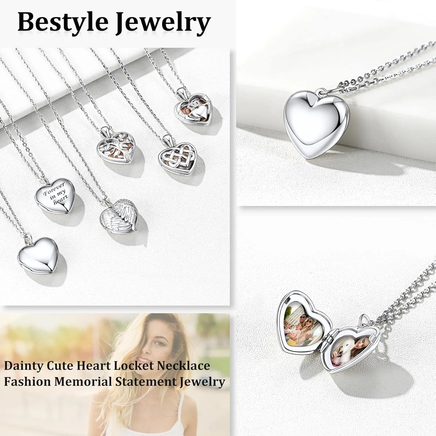 Bestyle Sterling Silver Heart Locket Necklace for Women, Dainty Cute Small Heart Locket Pendant in Gold/Rose Gold/Silver, Love Statement Jewelry Gift for Mother Wife