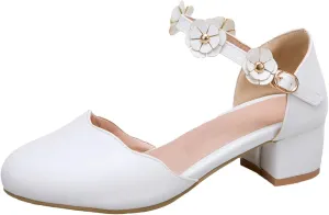 Big Kids Girls Mary Jane Dress Shoes Pumps Low Heels Flower High School Prom Shoes Walking Shoes for Babies