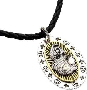 Bikerringshop Sterling Silver Santa Muerte Gothic Pendant Leather Chain Necklace Mexican Amulet Jewelry