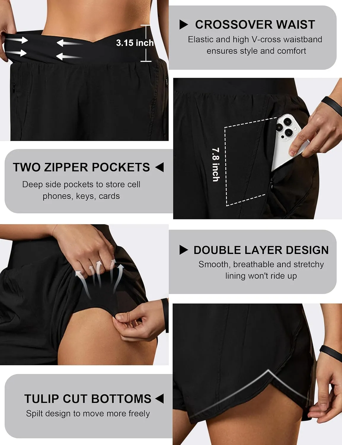 Blooming Jelly Women's Workout Shorts Athletic Running Shorts Crossover High Waisted Gym Shorts with Zipper Pockets