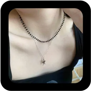 Bohemian Layered Star Onyx Choker Necklace Black Lava Stone Collar Necklaces Small Metal Star Pendant Necklaces Layered Volcanic Stone Chain Necklaces Jewelry for Women