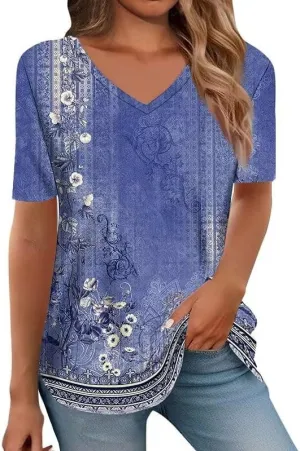 Boho Short Sleeve Tops for Women V Neck 2025 Summer Fashion Graphic Tees Vintage Floral Blouse Shirt