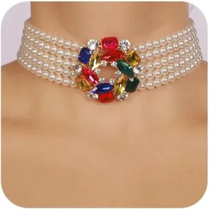 Boho Women Multilayer 1920s Rhinestone Necklaces Gold Silver Dainty Pearls Layered Choker Necklaces Colorful Fashion Chunky Pendant Multilayer Adjustable Layering Chain Necklaces for Women