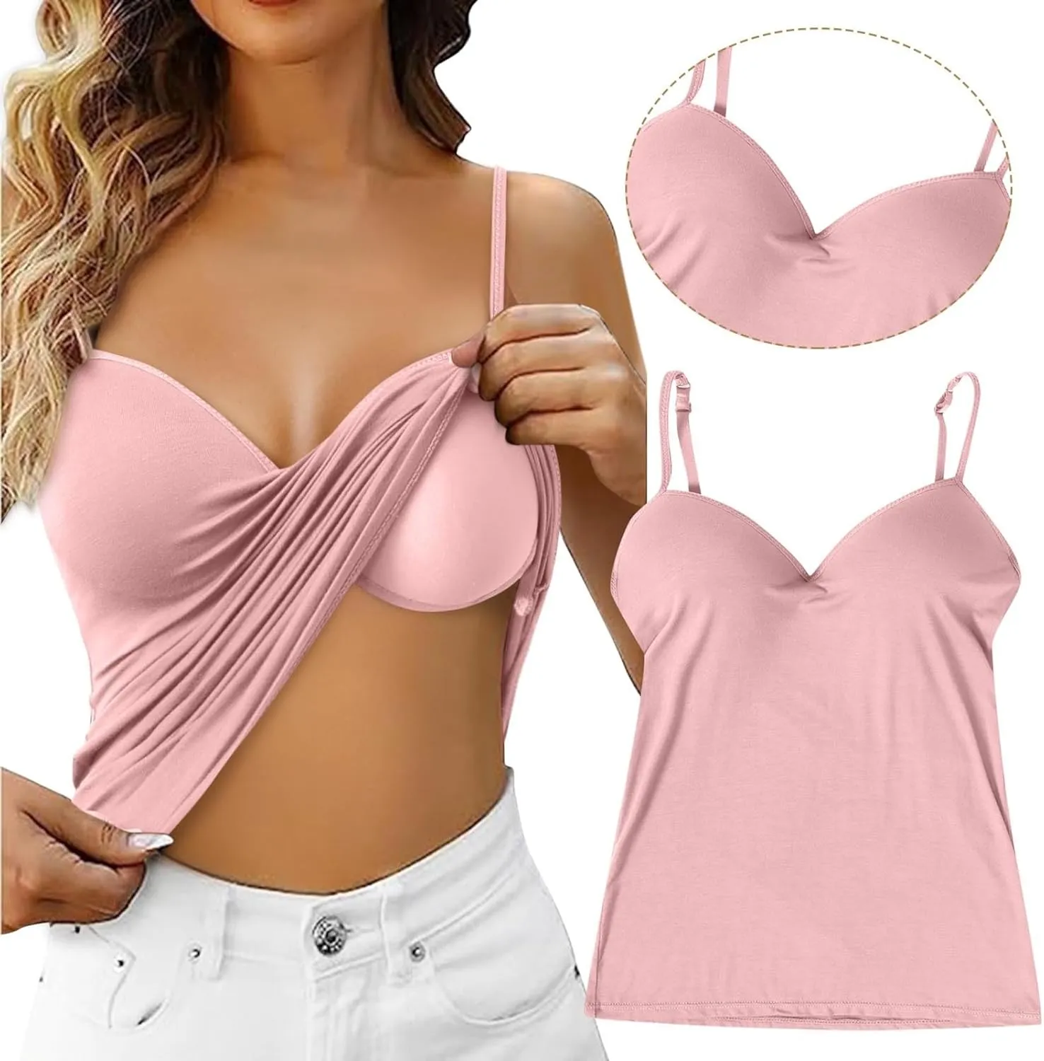 Camisole Tops for Women Built in Bra Adjustable Spaghetti Strap Shelf Bra Tank Tops Wireless Yoga Workout Padded Cami