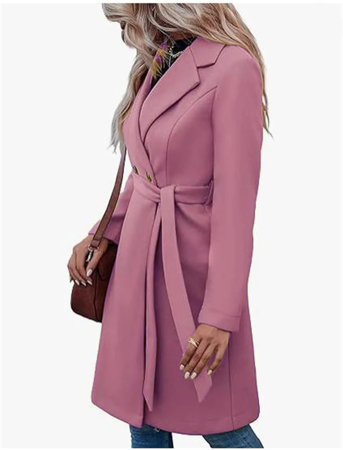 Canbebig Trench Coat for Women Double Breasted Pea Coat Wool Blend Long Jacket Notched Lapel Overcoat Long Sleeve Outwear