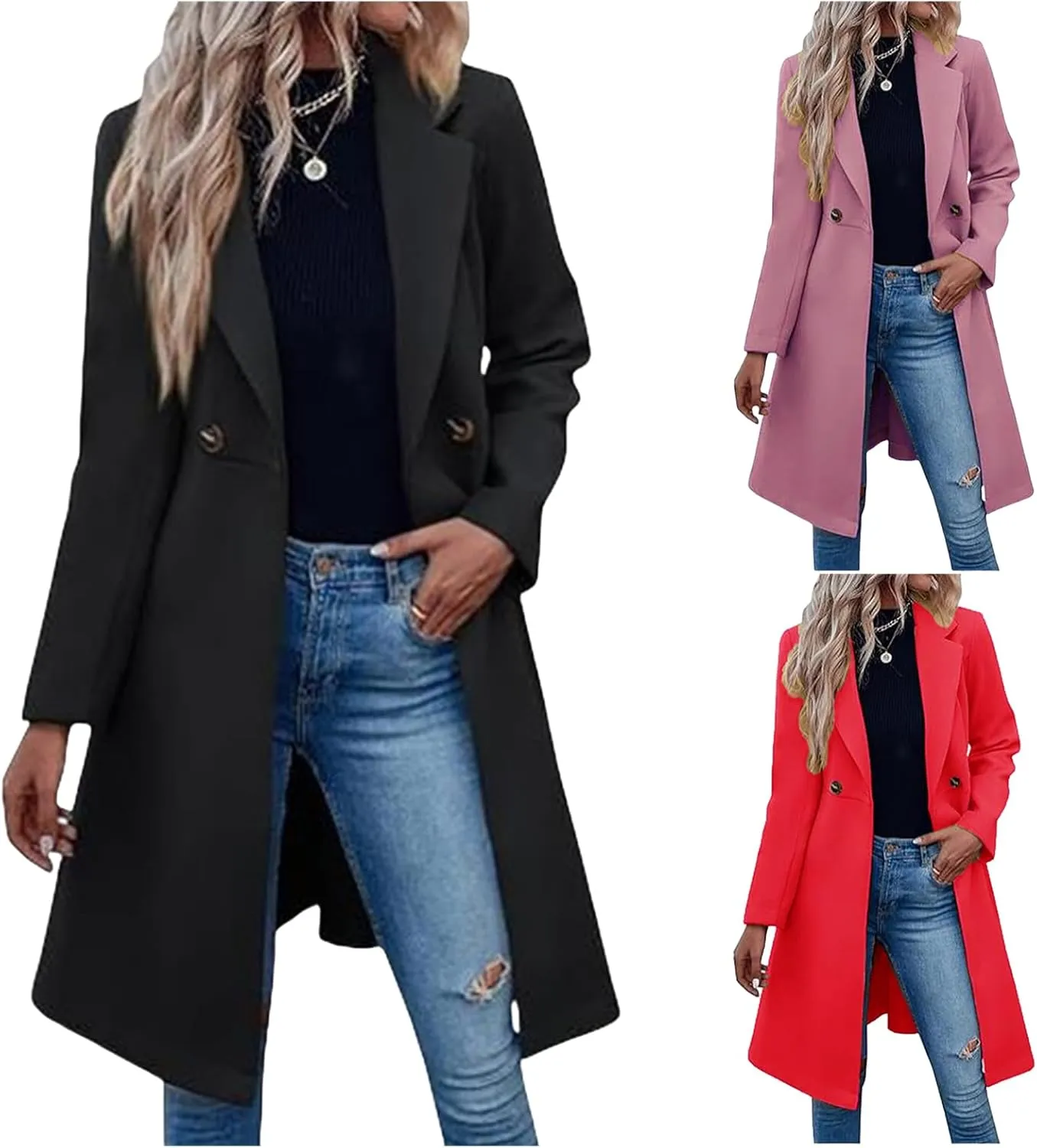 Canbebig Trench Coat for Women Double Breasted Pea Coat Wool Blend Long Jacket Notched Lapel Overcoat Long Sleeve Outwear