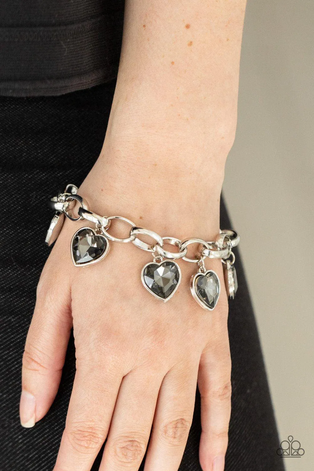 Candy Heart Charmer Silver Rhinestone Heart Charm Bracelet - Paparazzi Accessories