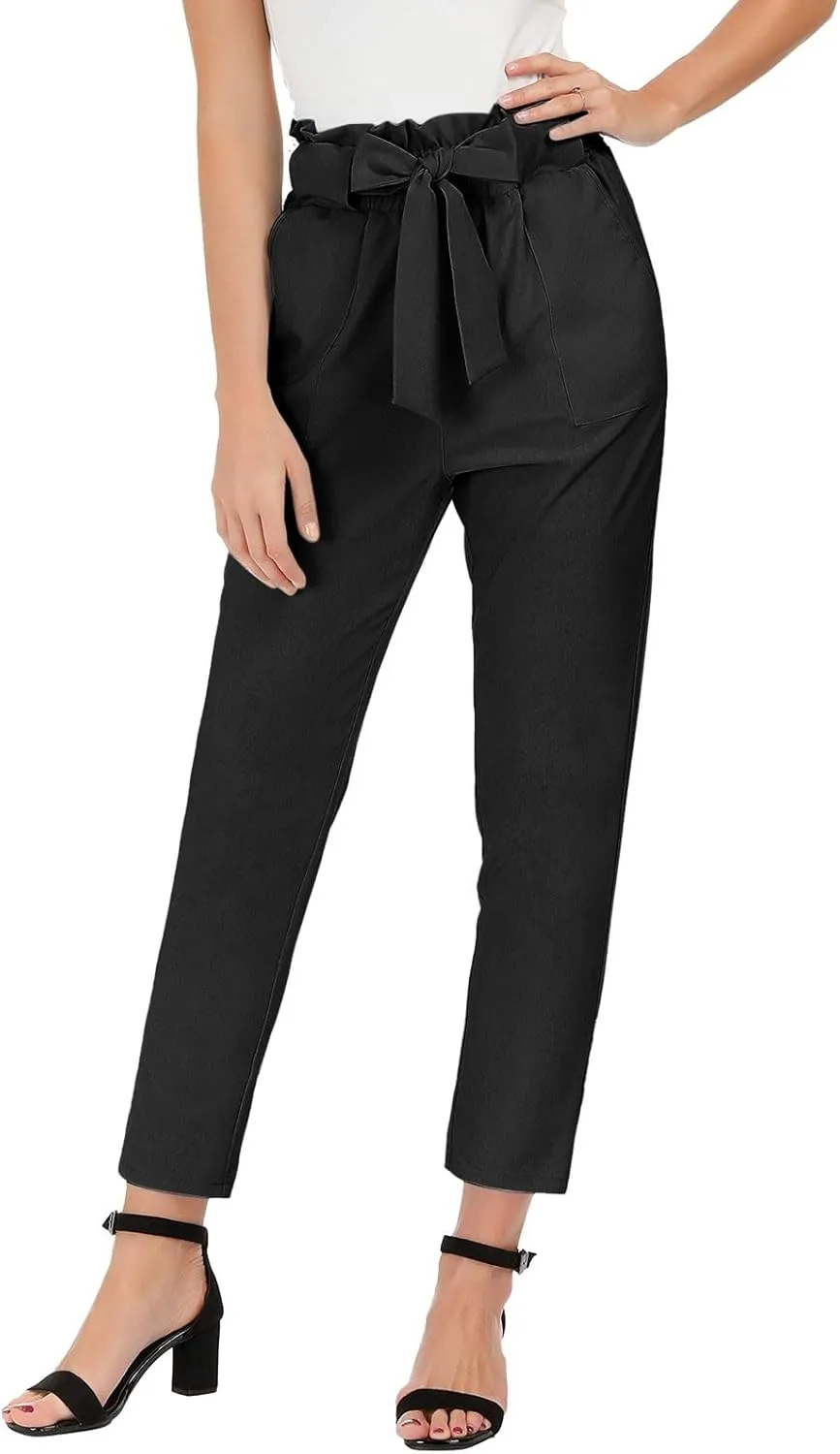 Capri Dress Pants Women High Waist Casual Paperbag Pants Business Office Work Trousers with Pockets Fashion