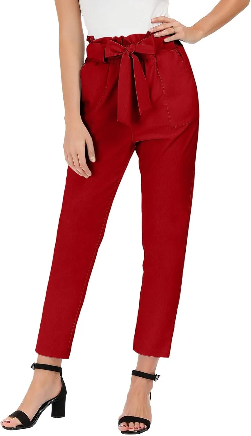Capri Dress Pants Women High Waist Casual Paperbag Pants Business Office Work Trousers with Pockets Fashion