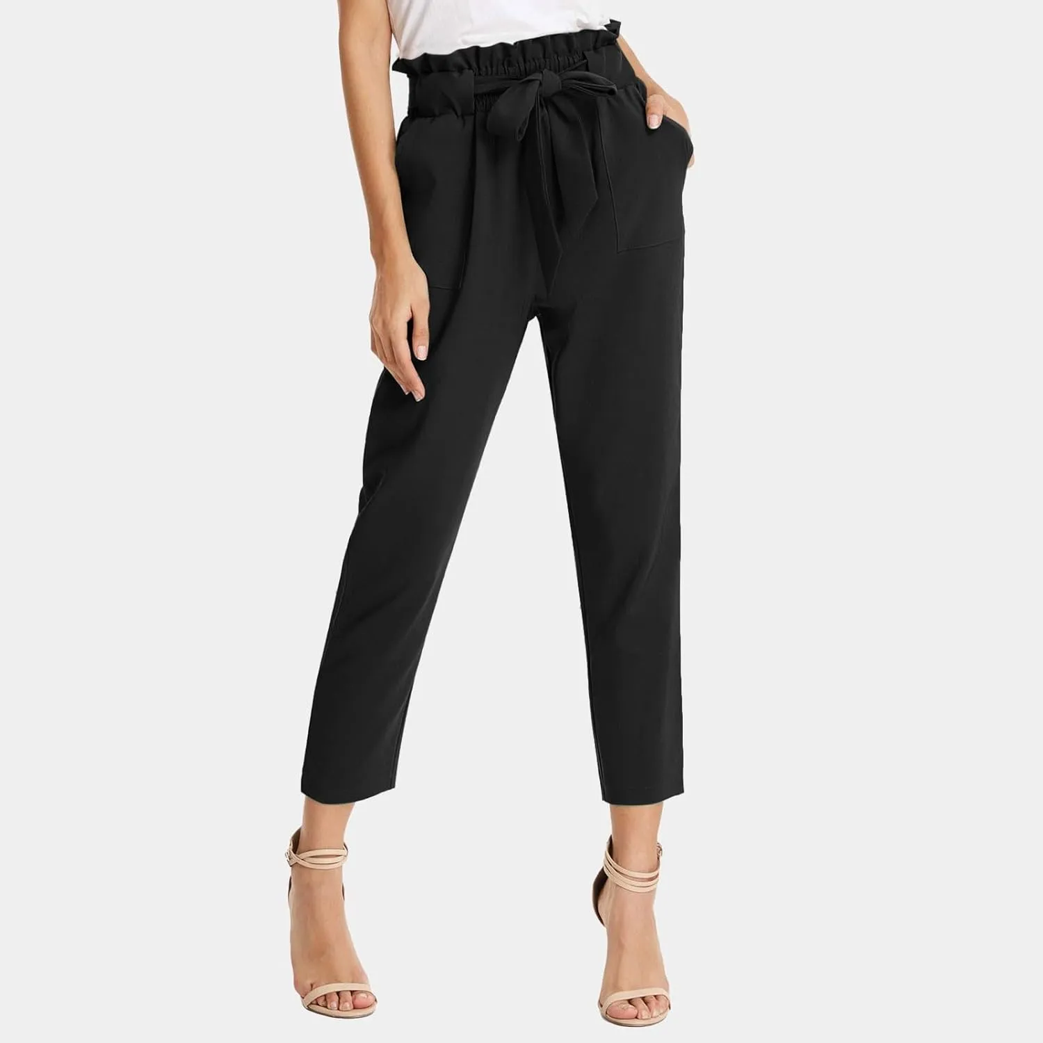 Capri Dress Pants Women High Waist Casual Paperbag Pants Business Office Work Trousers with Pockets Fashion