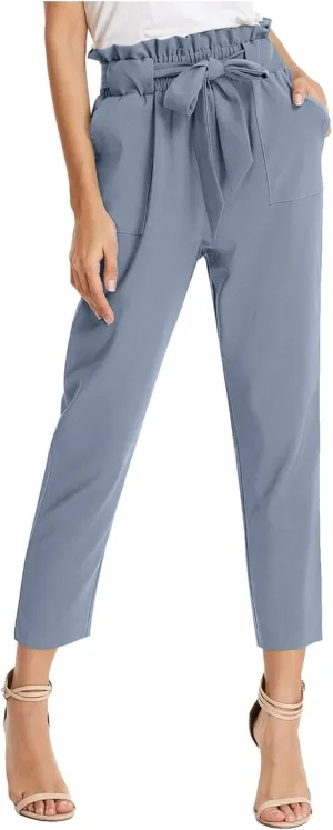 Capri Dress Pants Women High Waist Casual Paperbag Pants Business Office Work Trousers with Pockets Fashion