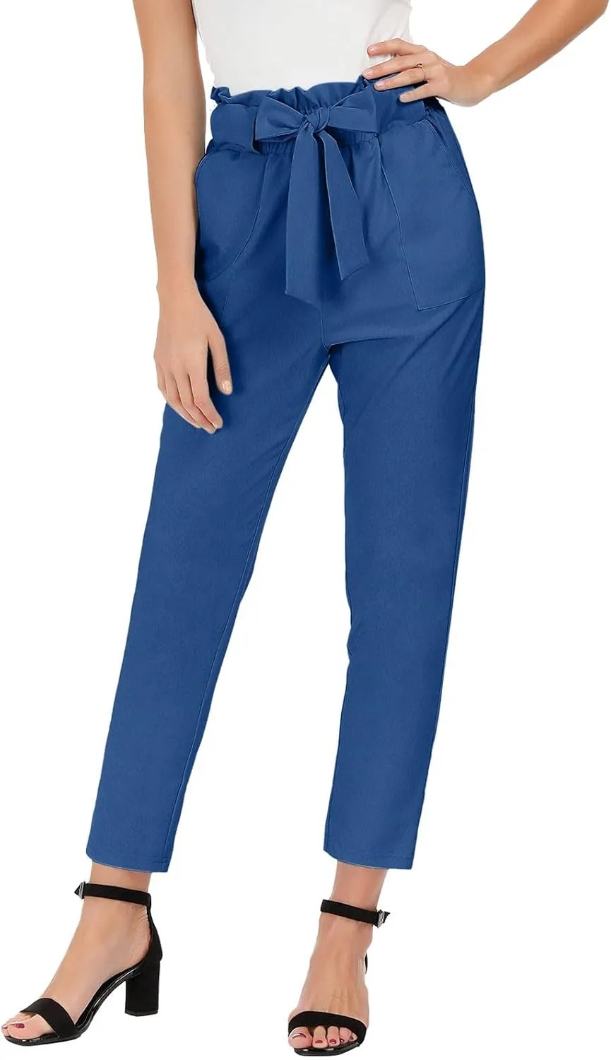 Capri Dress Pants Women High Waist Casual Paperbag Pants Business Office Work Trousers with Pockets Fashion