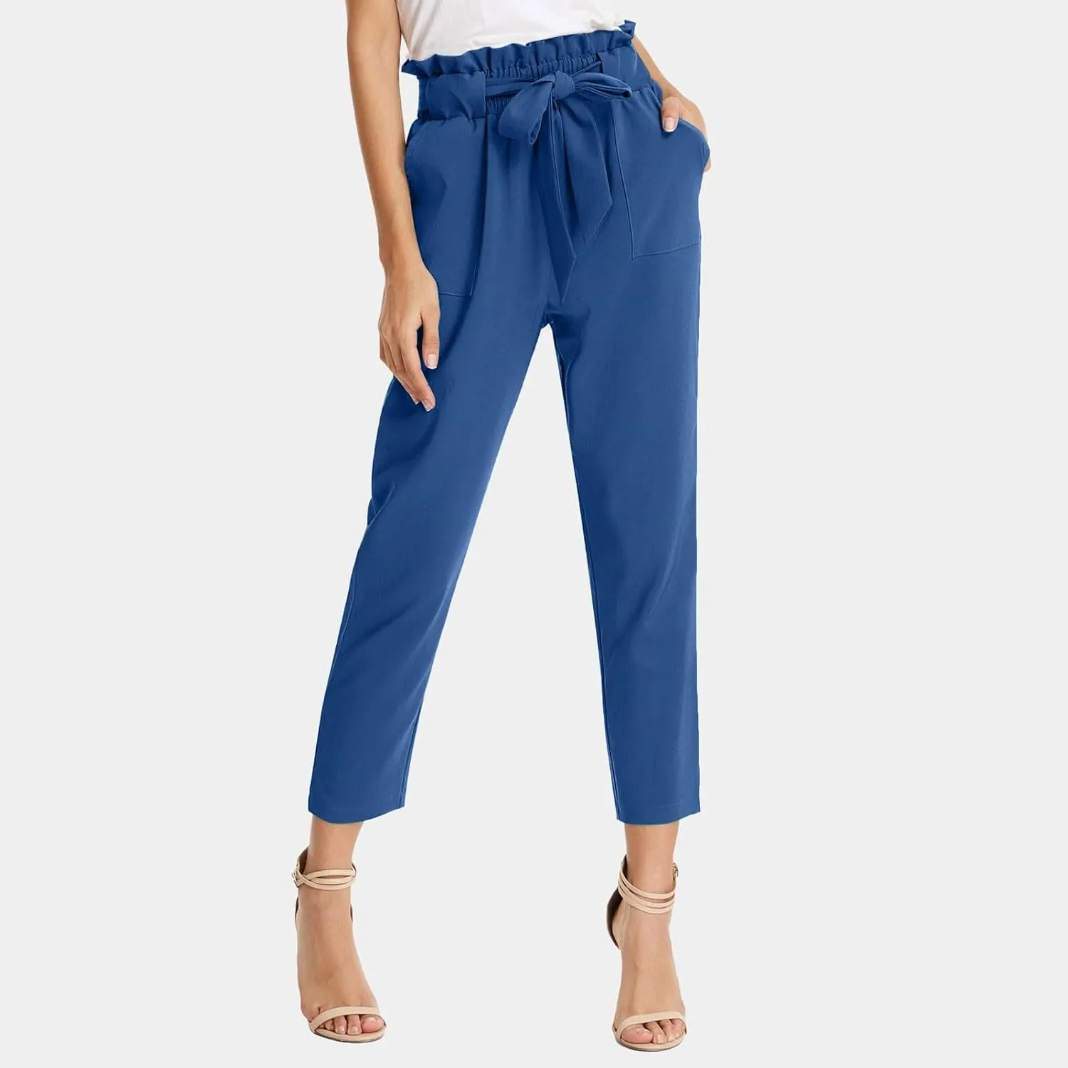 Capri Dress Pants Women High Waist Casual Paperbag Pants Business Office Work Trousers with Pockets Fashion