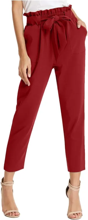 Capri Dress Pants Women High Waist Casual Paperbag Pants Business Office Work Trousers with Pockets Fashion
