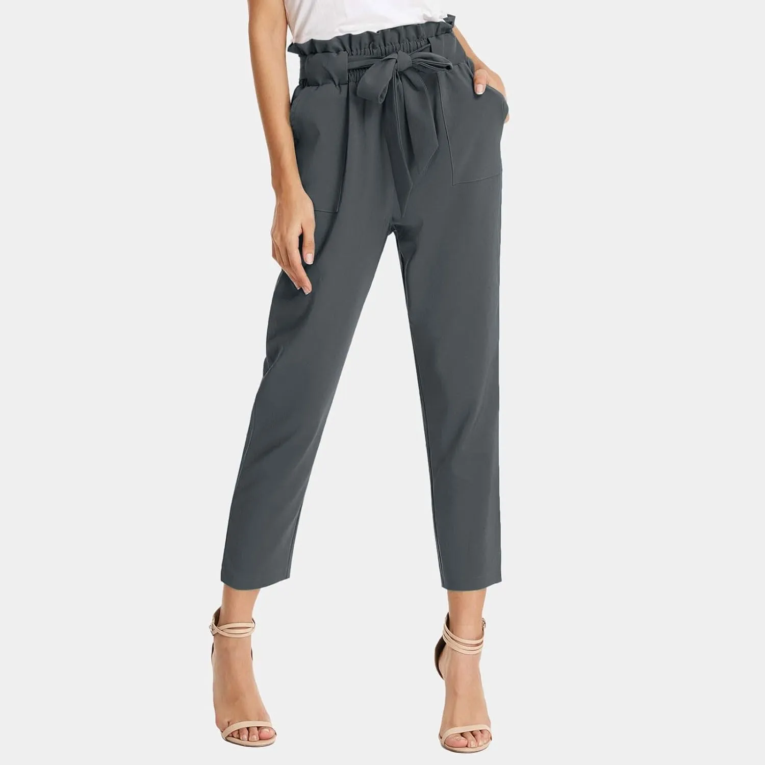 Capri Dress Pants Women High Waist Casual Paperbag Pants Business Office Work Trousers with Pockets Fashion