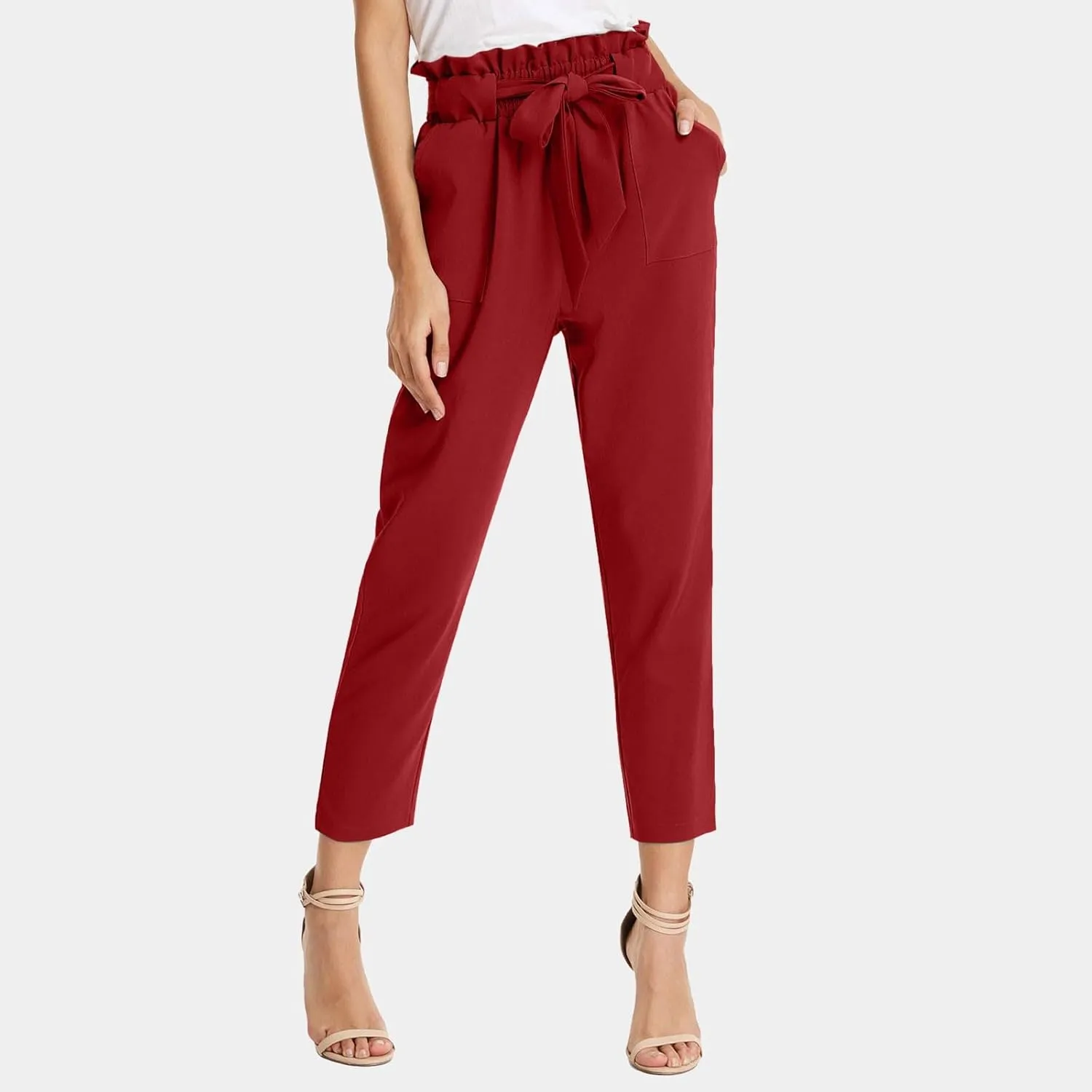 Capri Dress Pants Women High Waist Casual Paperbag Pants Business Office Work Trousers with Pockets Fashion