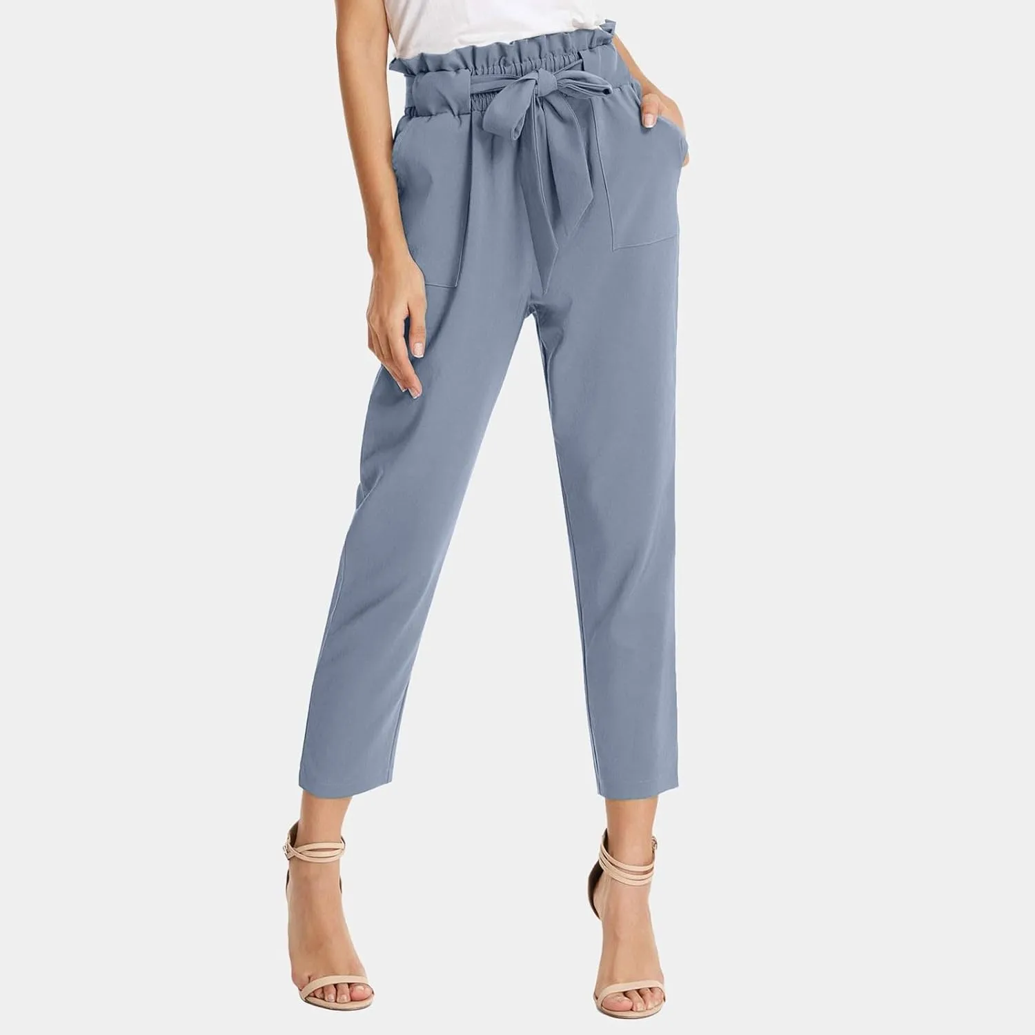 Capri Dress Pants Women High Waist Casual Paperbag Pants Business Office Work Trousers with Pockets Fashion